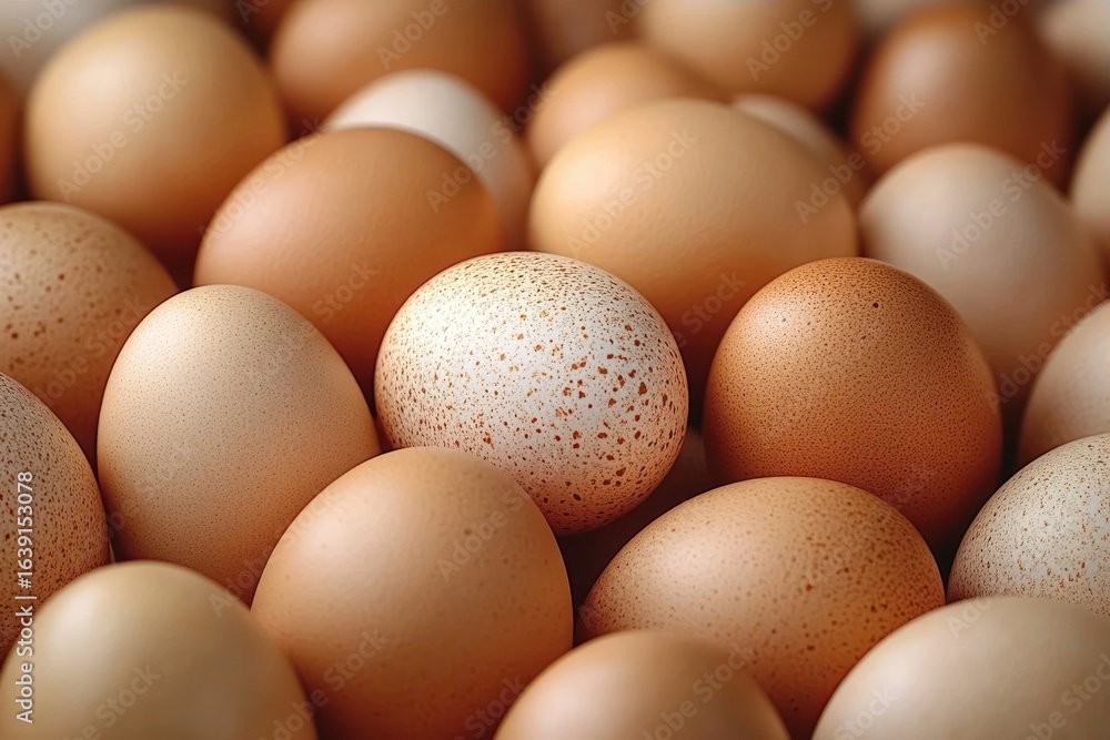 Close-up of a group of variously colored fresh eggs with smooth and speckled shells arranged closely together Close-up of a group of variously colored fresh eggs with smooth and speckled shells arranged closely together