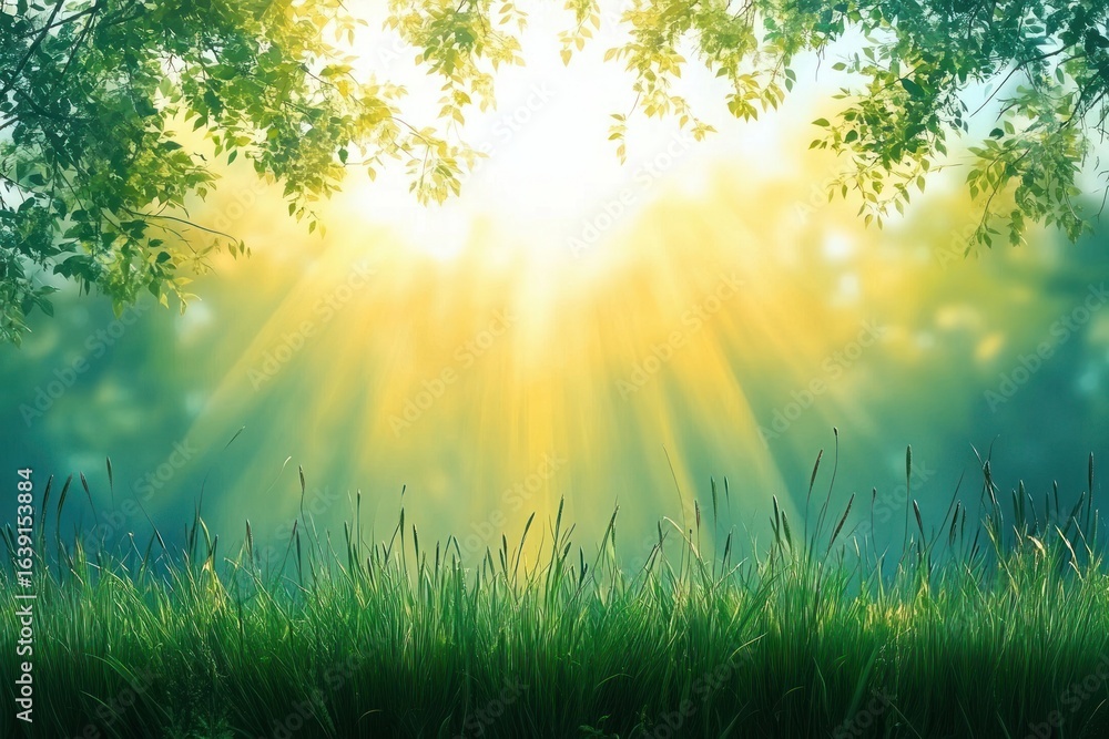 Fototapeta premium Bright sunlight streaming through green tree leaves onto fresh green grass blades in a peaceful natural setting