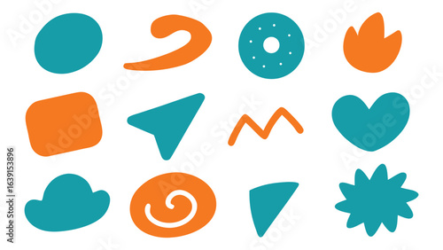 Vector art of collection of abstract organic and geometric shapes in orange and teal isolated on white background.