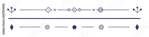 Vector art of set of decorative horizontal lines and geometric dividers in dark blue and purple isolated on white background.