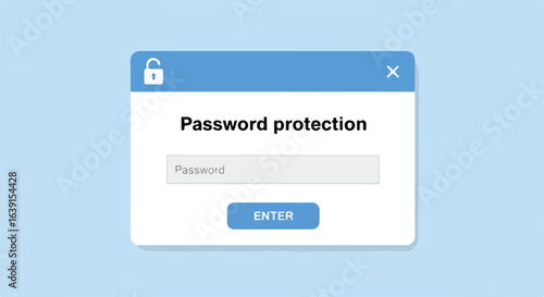 Password protection window interface, modern computer screen dialog box for password protection, security prompt. Password protection concept with username and enter keys,