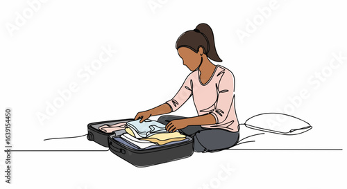 Suitcase packing for vacation, with a young woman carefully folding clothes. Suitcase packing preparation involves organized travel essentials, making sure every item is neatly arranged.