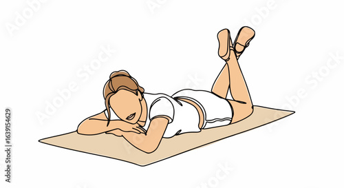 Enjoying a summer weekend with relaxation on mat, woman lies down. Summer weekend activity includes relaxing on mat, enjoying warm weather. Illustrative summer weekend is ideal for lifestyle blogs,