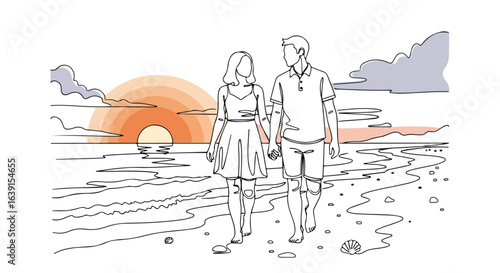 Summer weekend stroll on beach during sunset with lovely couple, enjoying the summer weekend, illustrated in minimal style. Couple walking during summer weekend on sandy beach next to ocean waves.