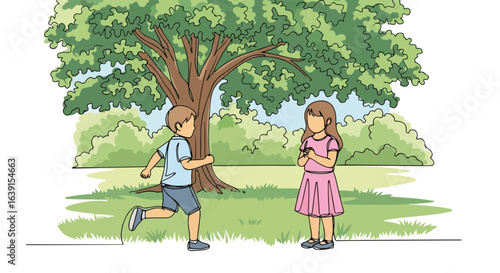 Summer weekend with children playing in park, chasing each other beneath leafy trees, evokes carefree days. Joy of summer weekend activity includes running, with children seeking recreation,