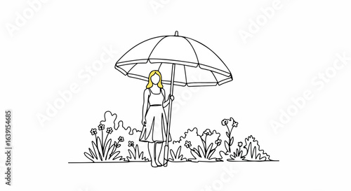 Summer weekend tranquility presented with woman in garden under parasol enjoying sunshine. Relaxing summer weekend scenery with floral arrangement and foliage, evoking leisure.