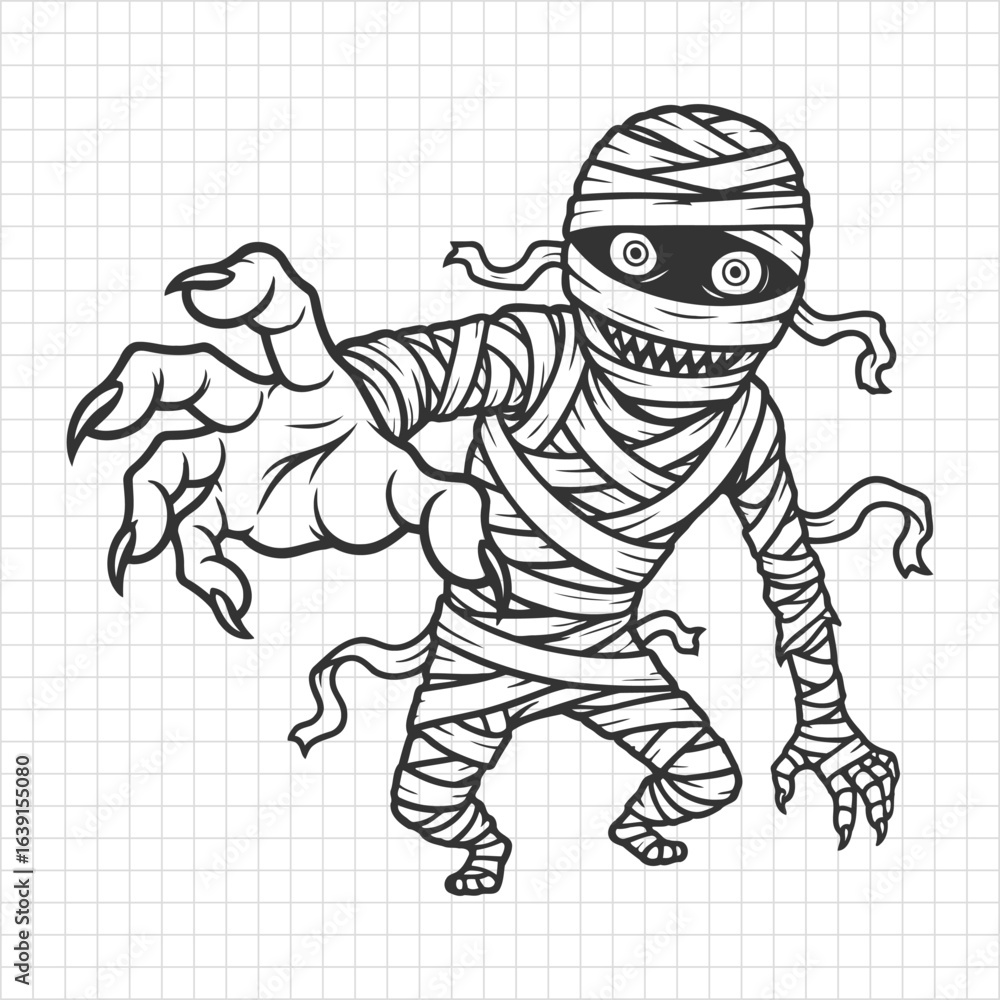 Scary Cartoon Mummy Illustration with Outstretched Claw Hand in Black and White Line Art Scary Cartoon Mummy Illustration with Outstretched Claw Hand in Black and White Line Art