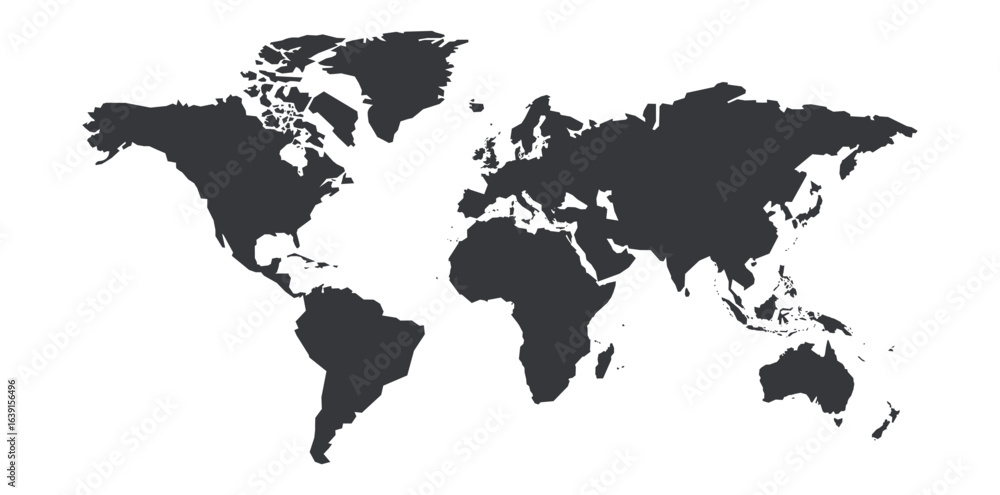 Obraz premium A black polygon world map, with a solid silhouette of all continents, isolated against a transparent background. A versatile graphic for global projects.
