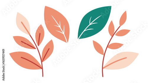 Vector art of collection of stylized leaves and branches in orange, pink, and teal, isolated on a white background, botanical illustration.