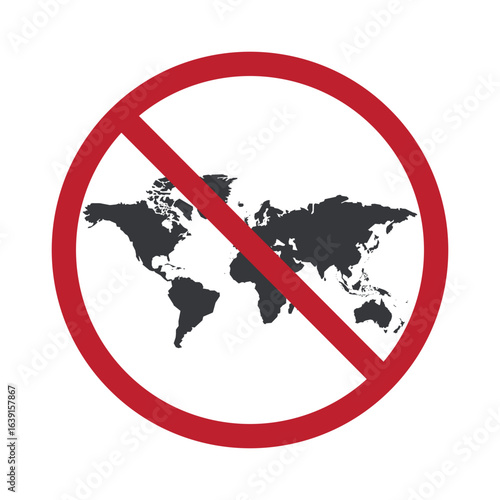 Isolated prohibition sign with world map illustration, symbolizing restricted earth, no globe access, warning icon for global issues, travel, and environmental awareness projects.