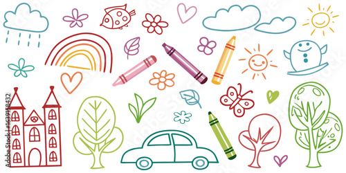 A dense collection of vibrant, child-like crayon drawings of houses, animals, and other objects