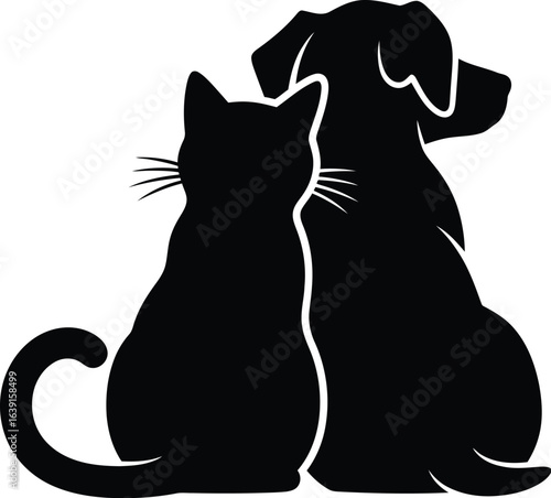 A silhouette of a cat and dog sitting together, symbolizing friendship and companionship between pets
