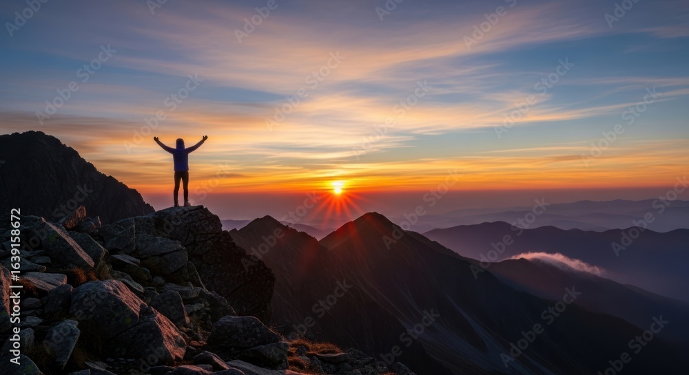 Silhouette of Person on Mountain at Sunset Silhouette of Person on Mountain at Sunset