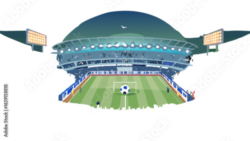 Illustrated soccer stadium with bright lights and a soccer ball on the green field arena design vector