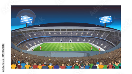 Illustration of a packed soccer stadium at night with bright lights and cheering fans for sports event