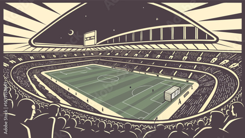 Illustration of a packed soccer stadium with fans cheering on their team during a night match game event