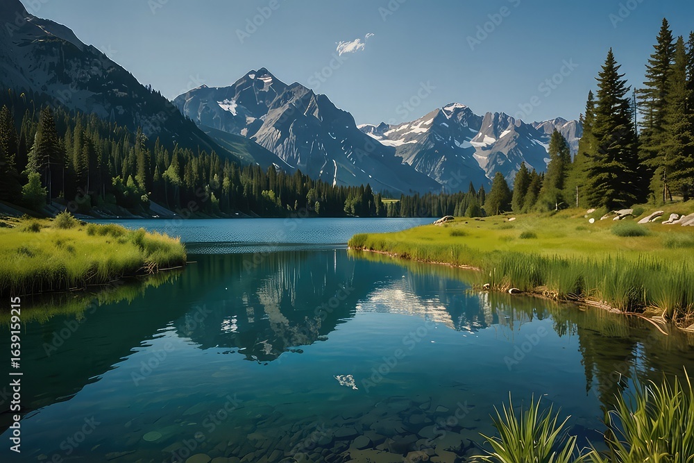 Scenic Mountain Lake with Turquoise Water and Snow-Capped Peaks, Beautiful Turquoise Lake in Mountain Landscape Scenic Mountain Lake with Turquoise Water and Snow-Capped Peaks, Beautiful Turquoise Lake in Mountain Landscape