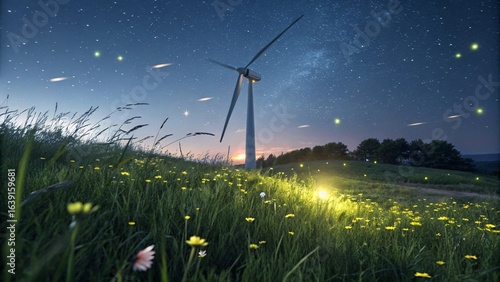 Lush Meadow with Wind Turbines Under Starry Night Sky V4