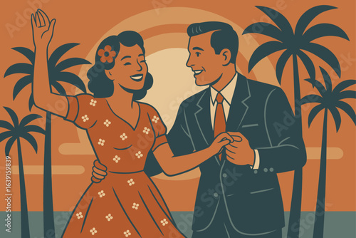 Retro 1940s Couple Dancing at Tropical Sunset