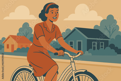 Retro 1940s Woman Riding Bicycle in Suburb