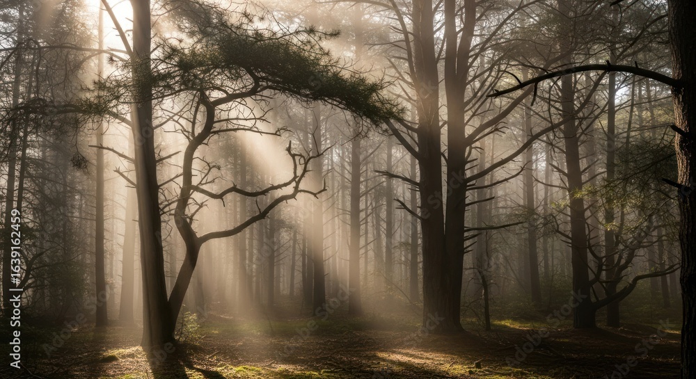 Fototapeta premium Sunbeams Illuminate Misty Pine Forest, creating magical atmosphere