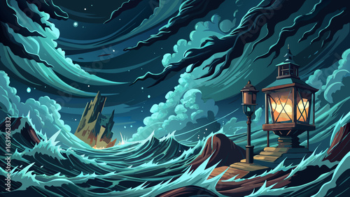 Sea spray shimmers in cold night air, lantern sways above, ropes creak. High detail illustration, stormy clouds, immersive horror scene, suspenseful yet beautiful atmosphere, mysterious ocean darkness