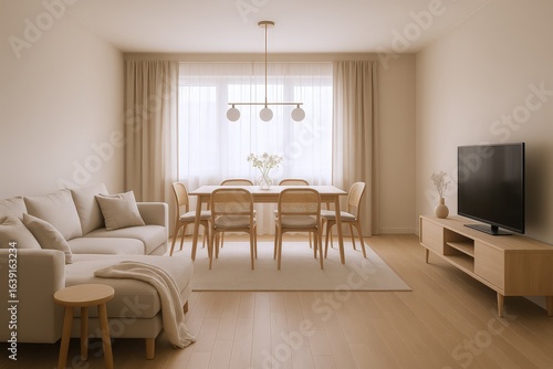 Modern Scandinavian Living and Dining Room with Natural Light  Neutral Tones  and Rattan Accents