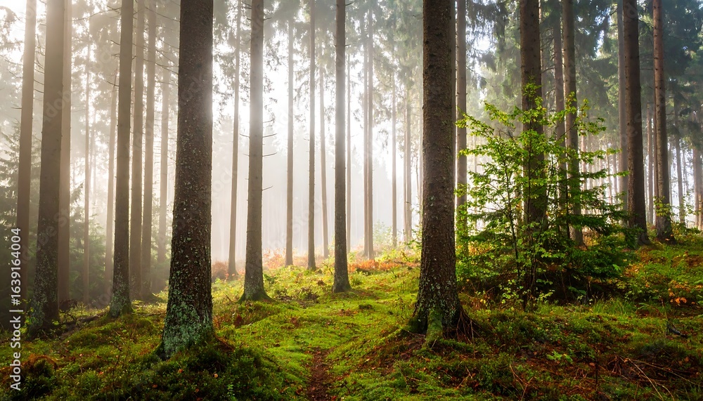 Fototapeta premium Misty forest scene with sunlight filtering through the trees.
