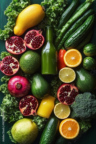 Wallpaper Mural Assortment of fresh fruits and vegetables including pomegranates, oranges, limes, cucumbers, kale, broccoli, squash, and two bottles of juice highlighting healthy, vibrant colors Torontodigital.ca