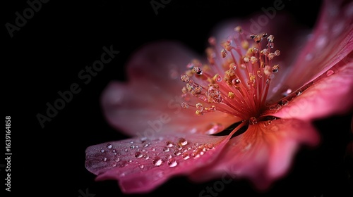 Close-Up of a Pink Flower Stamen with Dew Drops Surrounded by Delicate Petals on Dark Background 