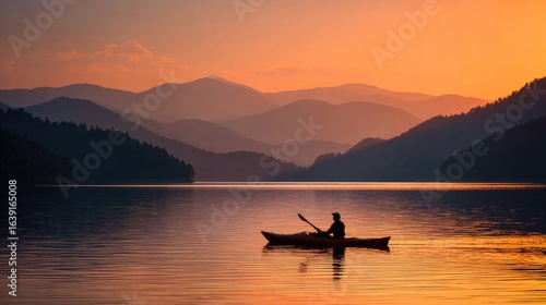 Silhouette of Person Meditating in a Canoe on a Calm Tropical Lake at Dawn
