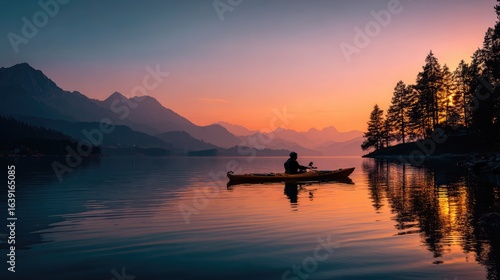 Silhouette of Person Meditating in a Canoe on a Calm Tropical Lake at Dawn