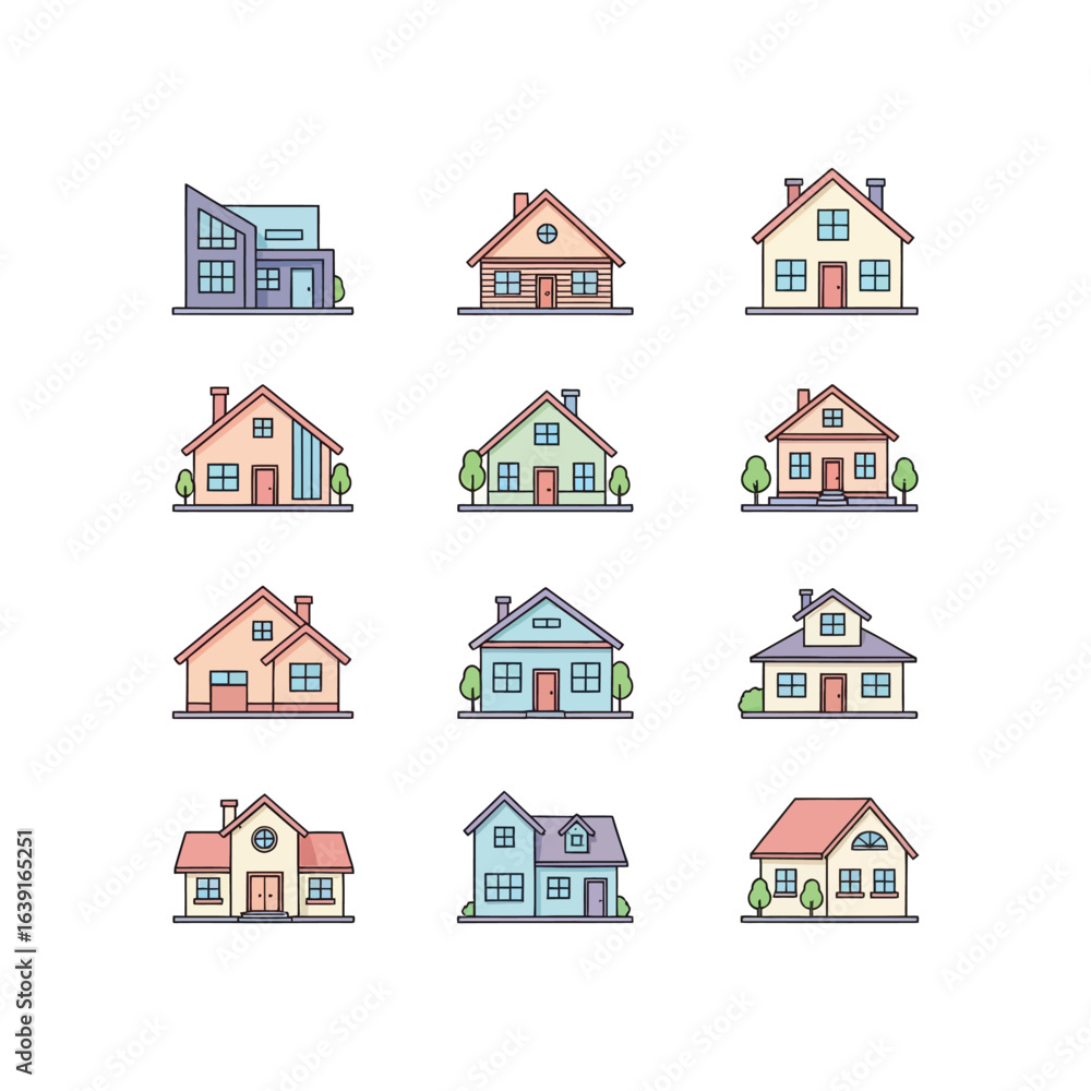Twelve house illustrations showcasing various architectural styles and colors Twelve house illustrations showcasing various architectural styles and colors
