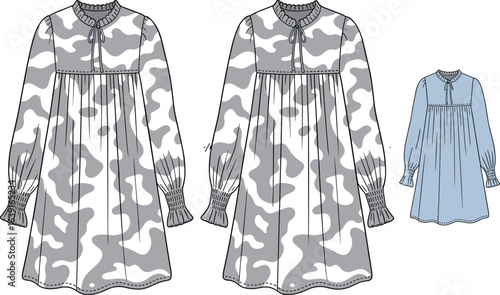 Long sleeve smock dress fashion flat sketch, women's loose dress with gathered cuffs, yoke detail, front placket, modern garment design template vector illustration