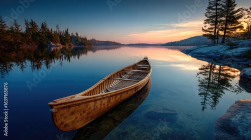 Wooden Canoe on Calm Lake at Sunset