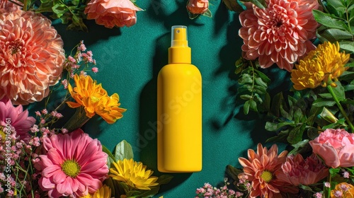 Yellow Liquid Spray Bottle with Colorful Flowers on Dark Green Background