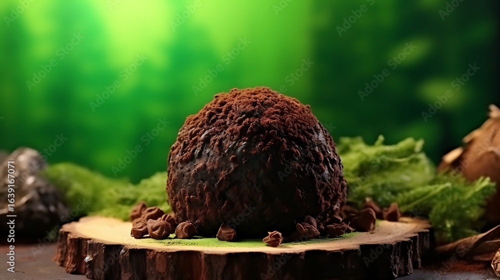 Obraz premium A gourmet chocolate crumb-covered dessert ball centered on a solid forest green background, rustic exterior with subtle glossy highlights, crisp natural texture.