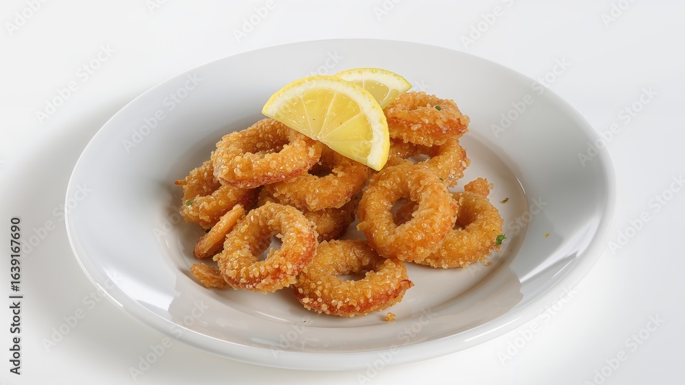 Delicious Fried Calamari Rings with Lemon Wedges on a White Plate, Appetizing Dish Delicious Fried Calamari Rings with Lemon Wedges on a White Plate, Appetizing Dish