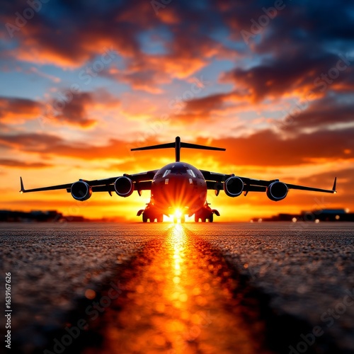 Boeing C-17 Globemaster III at Sunset: A Powerful Silhouette Against a Fiery Sky, Reflecting on the Tarmac