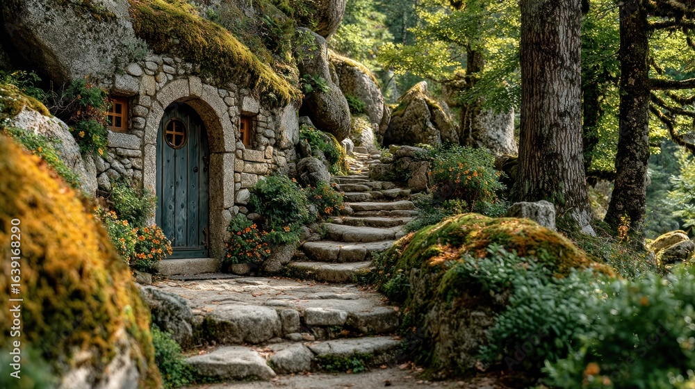 Stone hut nestled in mossy mountainside Stone hut nestled in mossy mountainside