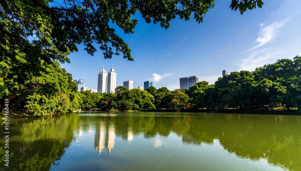 Serene park lake scene with city buildings reflected in calm water. Serene park lake scene with city buildings reflected in calm water.
