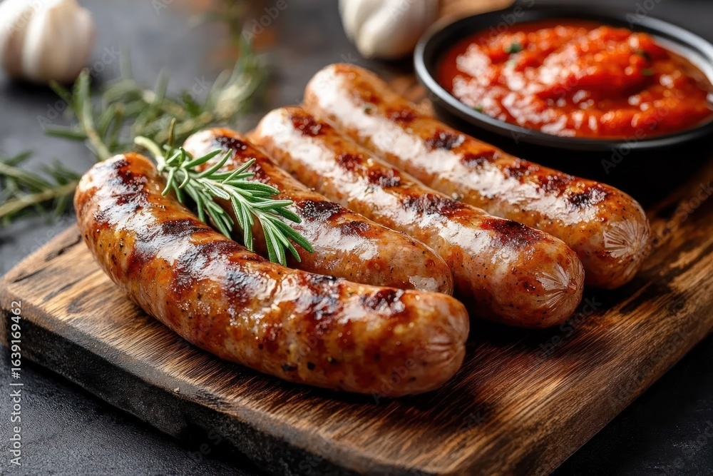 Four grilled sausages arranged on a wooden cutting board with a sprig of rosemary and a bowl of red sauce in the background Four grilled sausages arranged on a wooden cutting board with a sprig of rosemary and a bowl of red sauce in the background