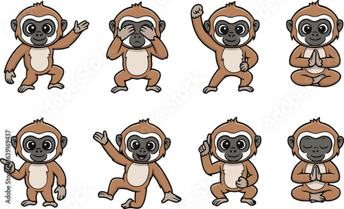 vector illustration of gabbon monkey primal chimpanzee funny cute cartoon mascot character cartoon with 8 poses
