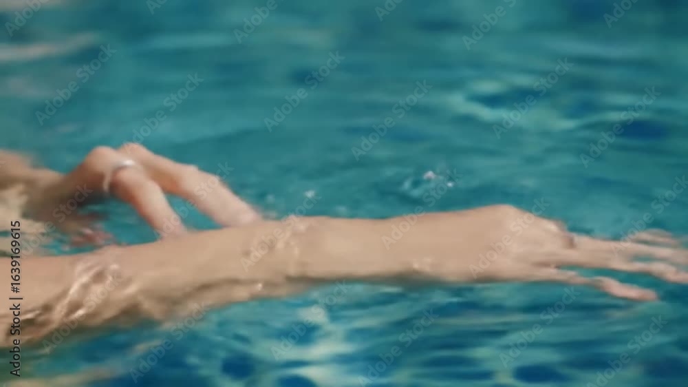 Hands gently break the of clear, turquoise water, creating ripples and reflections under the bright sunlight. Hands gently break the of clear, turquoise water, creating ripples and reflections under the bright sunlight.