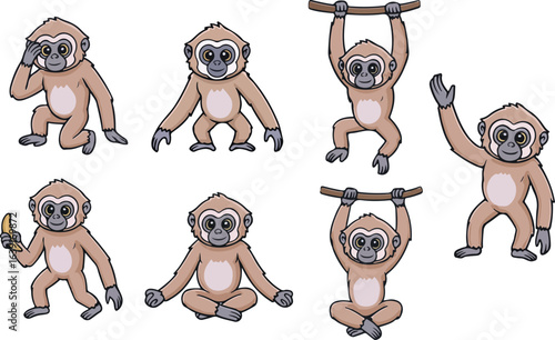 vector illustration of gabbon monkey primal chimpanzee funny cute cartoon mascot character cartoon with 7 poses 01