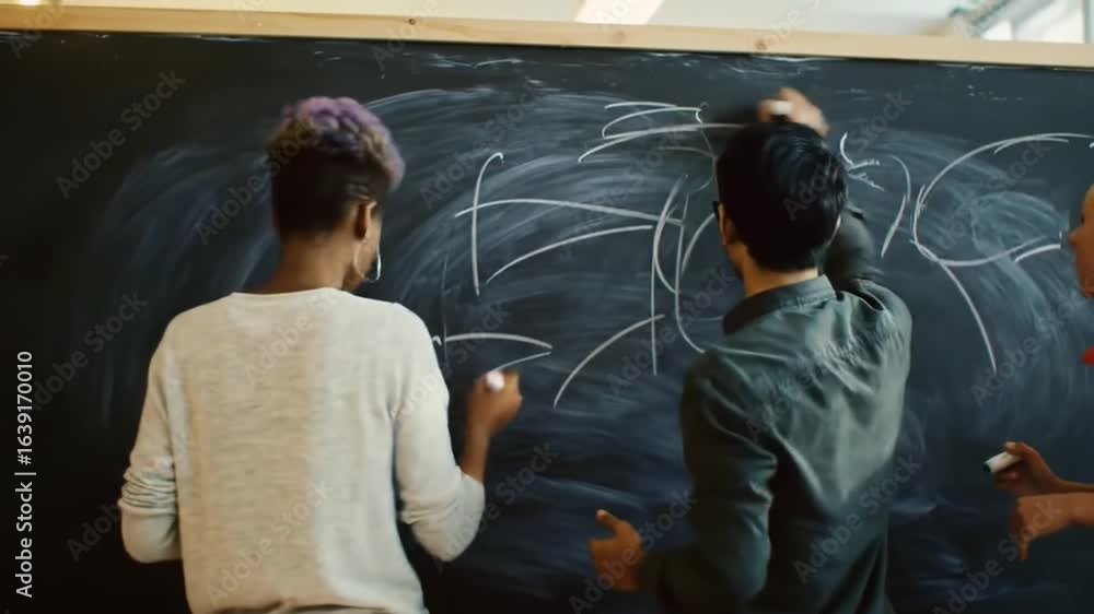 A group of individuals collaborates, drawing and discussing ideas together on a large chalkboard, fostering teamwork and creative problem-solving. A group of individuals collaborates, drawing and discussing ideas together on a large chalkboard, fostering teamwork and creative problem-solving.