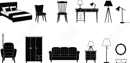 A diverse collection of home furniture icons, featuring beds, chairs, desks, lamps, and more, ideal for interior design and home decor concepts, vector illustration.