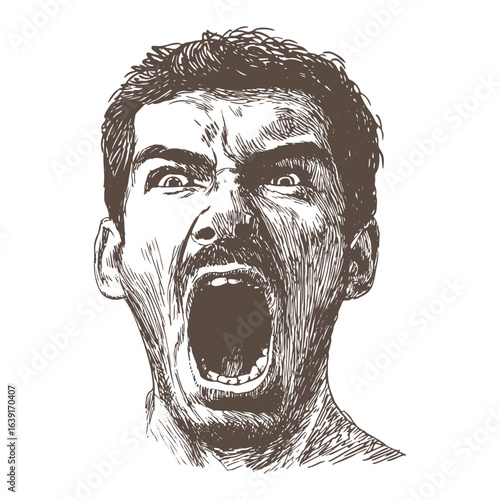 Enraged Screaming Man Face Sketch Vector