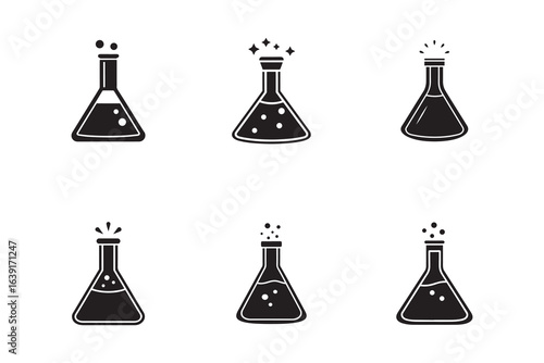 Science lab glassware vector collection six flasks with different chemical reactions experiments research and discovery science icons on white background