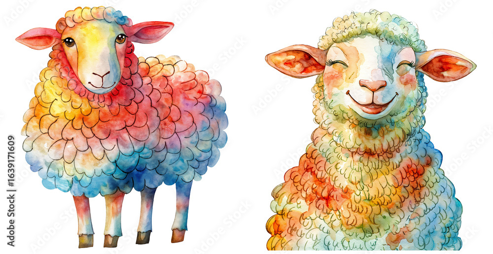 Obraz premium clipart set portrait of a cute sheep isolated on a transparent background, watercolor style illustration 